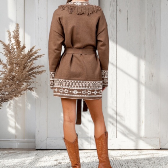 Chocolate Brown Aztec Western Boho Belted Knit Long Sleeve Cardigan Sweater Fall - Picture 2 of 3